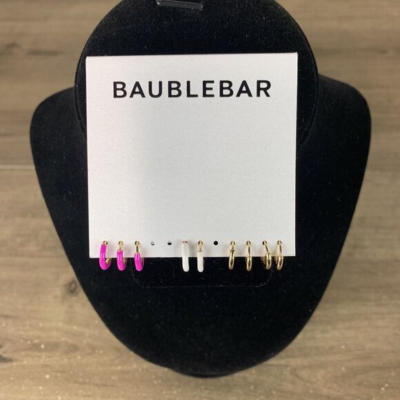 Baublebar Huggie Hoops Gold Tone Enamel Earrings Set Pink White Gold - 9 pcs - Picture 1 of 6